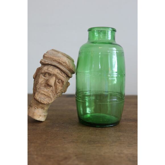 Vintage Green Glass Barrel Bottle with Hand Carved Cork Head - Picture 1 of 4